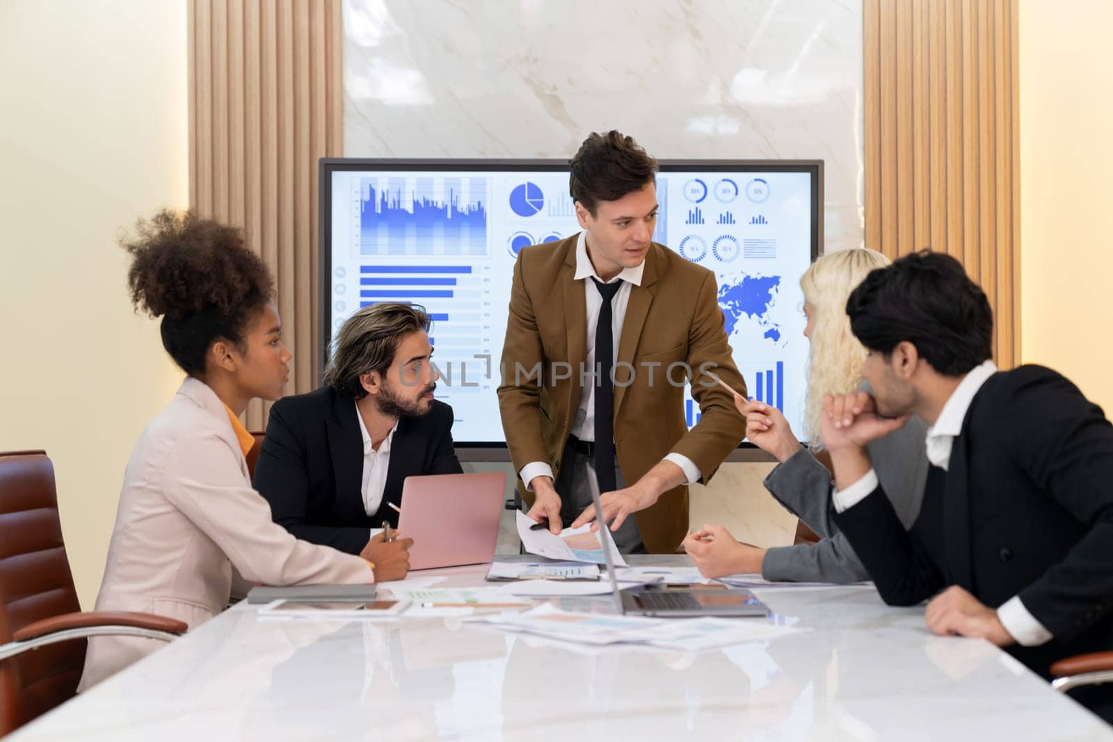 Portrait of professional smart business team discussion about start up project. Group of skilled businesspeople planing, brainstorming, sharing idea strategy. Discussion business meeting. Ornamented.