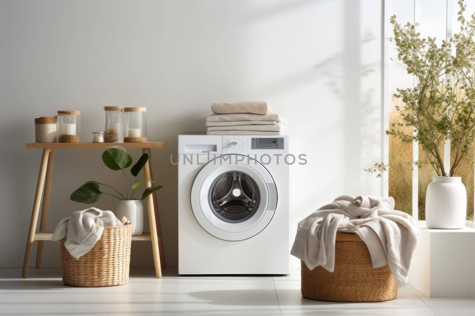 Washing machine in a white room with plants beside it. Generative AI.
