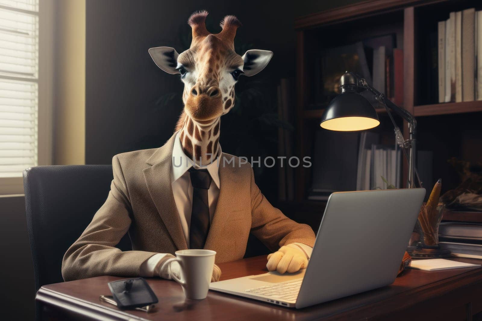 A giraffe like a boss sitting behind a desk in style of Anthropomorphic animals. Generative AI.