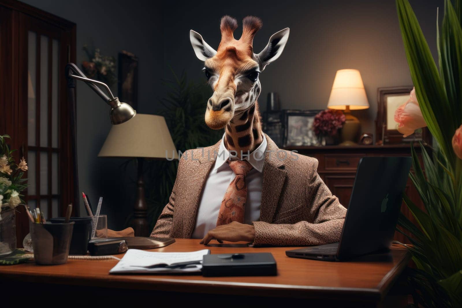 A giraffe like a boss sitting behind a desk in style of Anthropomorphic animals. Generative AI.