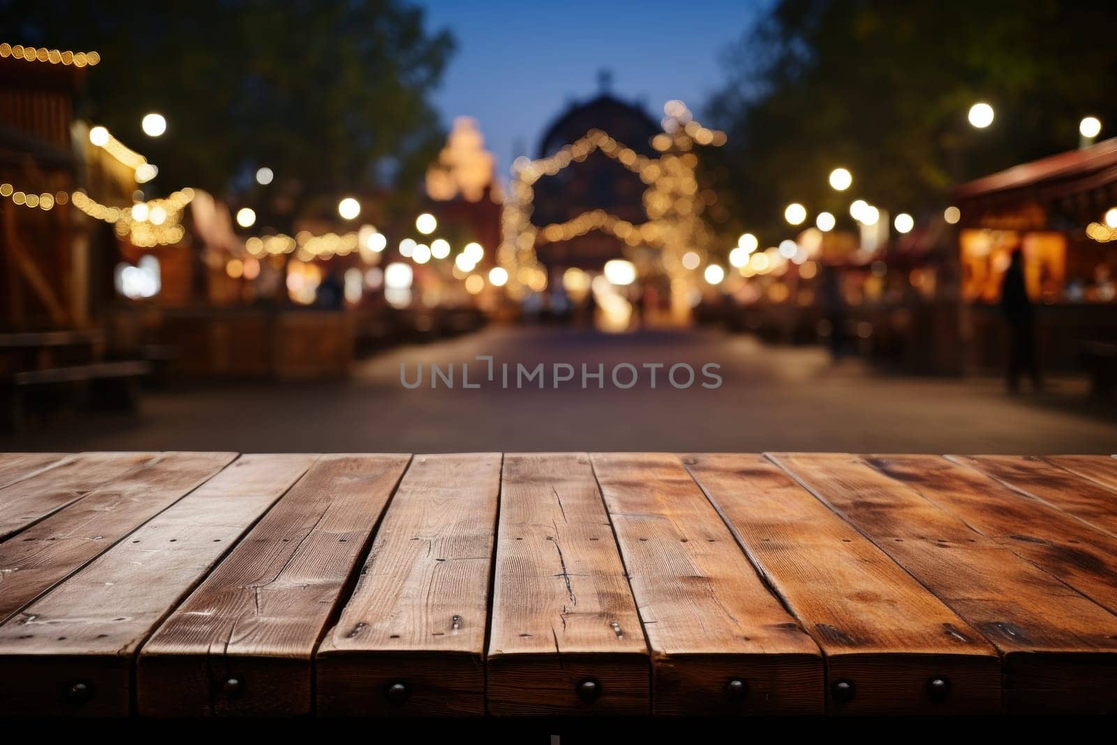 Wooden table empty space against illuminated on a fall night in vintage town. Generative AI.