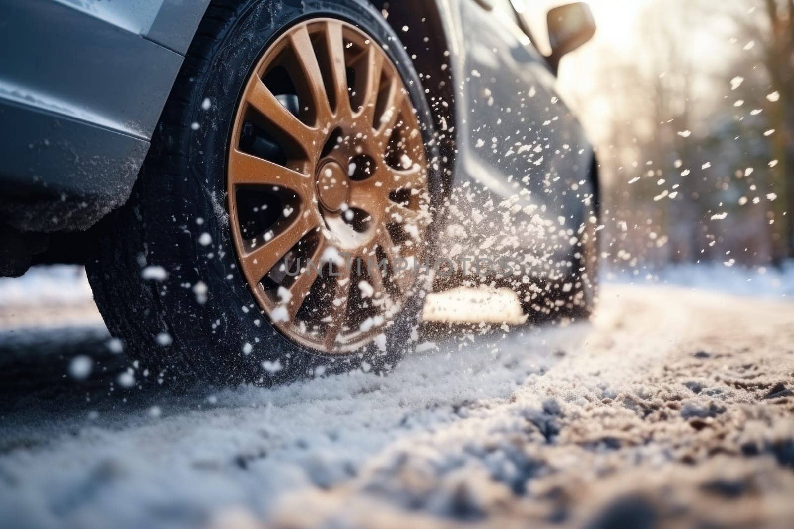 Side view on car with winter tires on a snowy road. Generative AI by golfmerrymaker