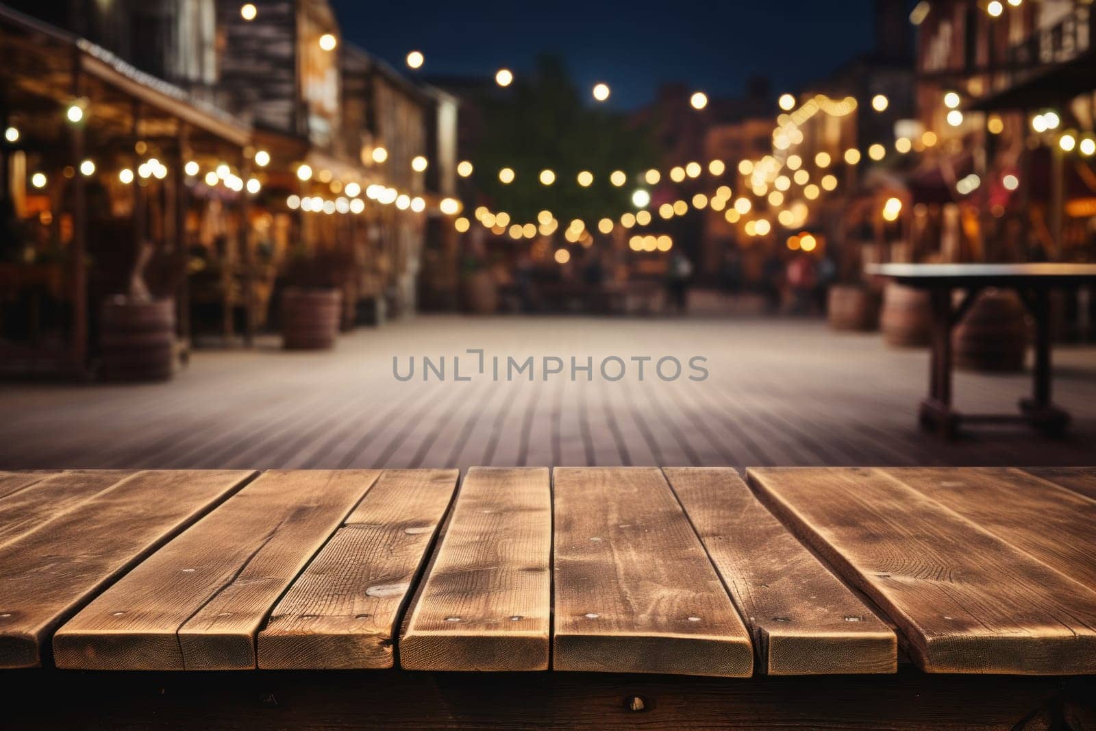 Wooden table empty space against illuminated on a fall night in vintage town. Generative AI by golfmerrymaker