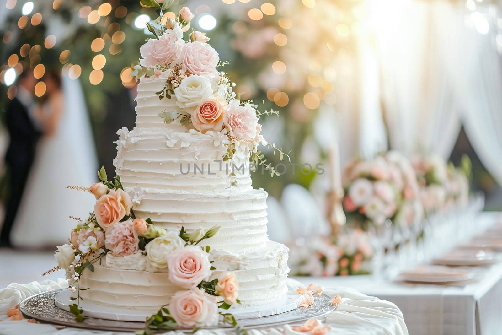 A large beautiful wedding cake covered in whipped cream and decorated with delicate flowers growing through it. AI generated.