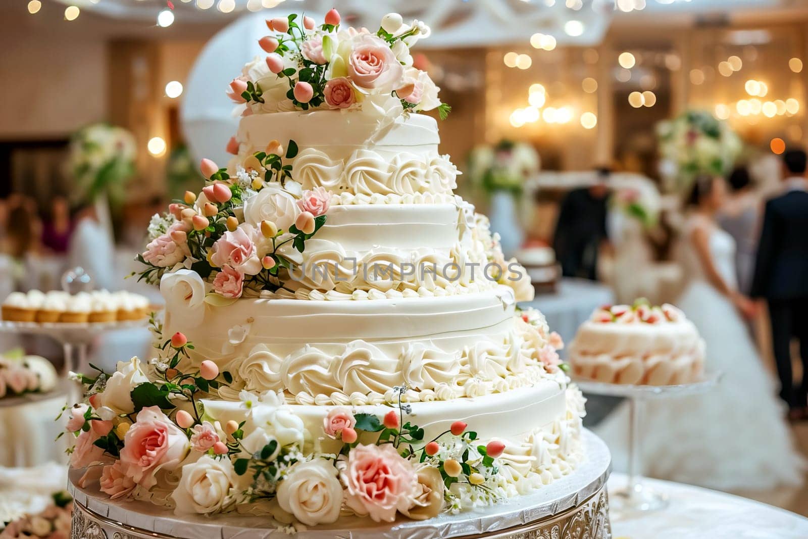 A large beautiful wedding cake covered in whipped cream and decorated with delicate flowers. AI generated. by OlgaGubskaya