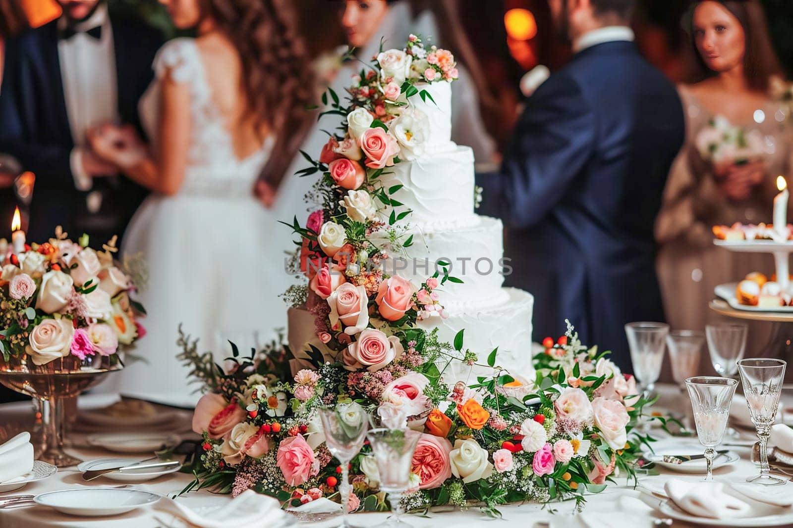 A large beautiful wedding cake covered in whipped cream and decorated with delicate flowers growing through it. AI generated.