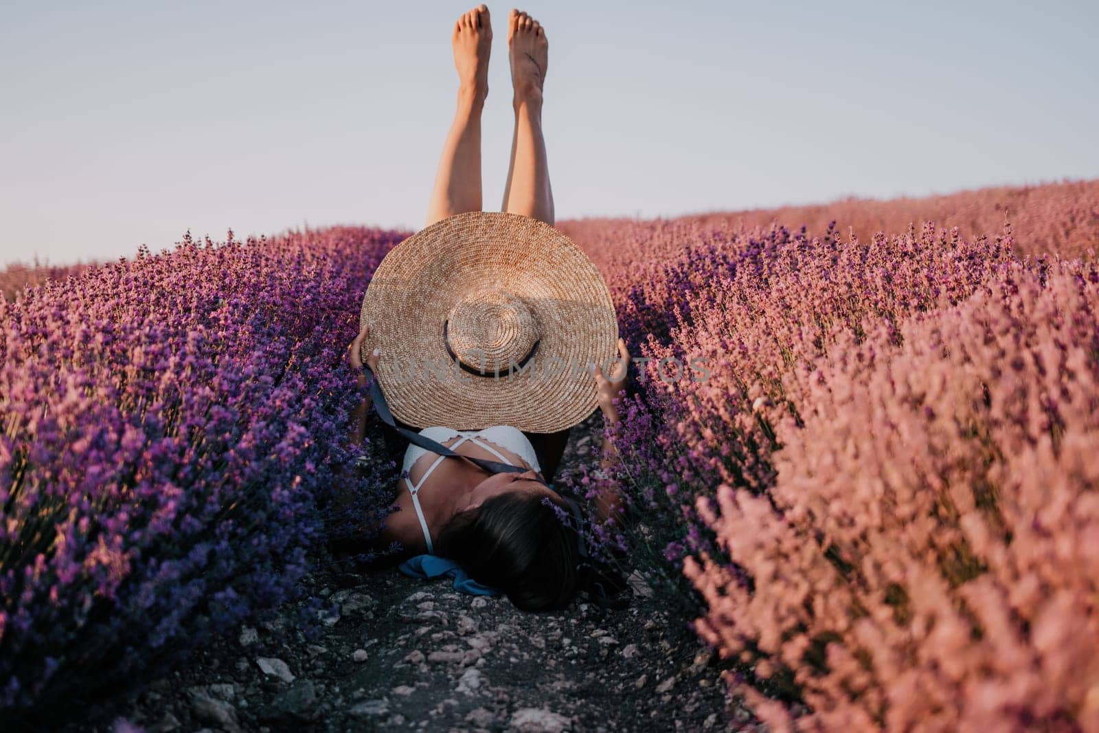 Selective focus. The girls legs stick out of the bushes, warm sunset light. Bushes of lavender purple in blossom, aromatic flowers at lavender fields.