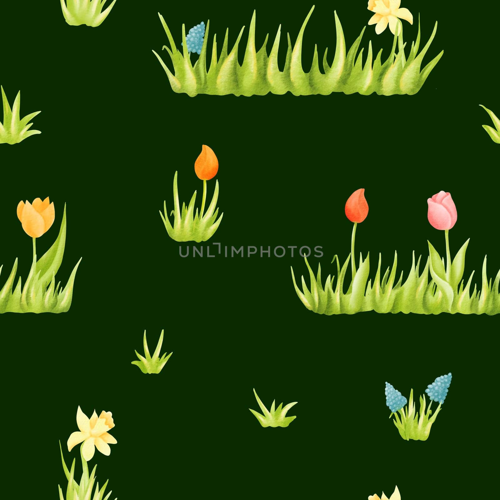Seamless pattern with a children's spring theme. Beautiful cartoon summer flowers bloom on the lawn. Tulips, daffodils and greenery are watercolor. Fresh ornament for textiles, Green background by Art_Mari_Ka