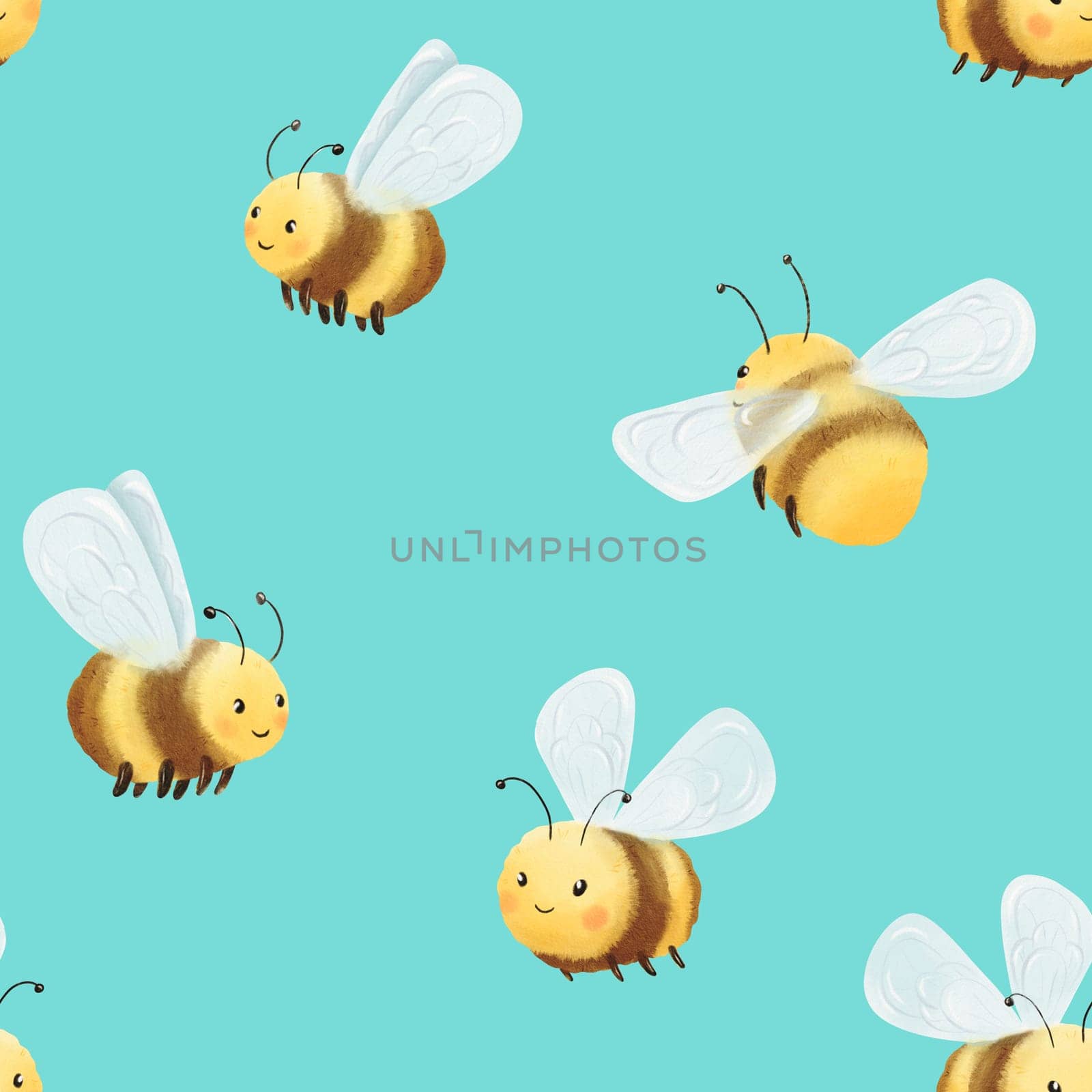 Seamless pattern of Child Funny cute black and yellow bee with their wings. Bumblebee, honeybee hand painted isolated Illustration. Digital watercolor hand-drawn style. element of spring, summer.