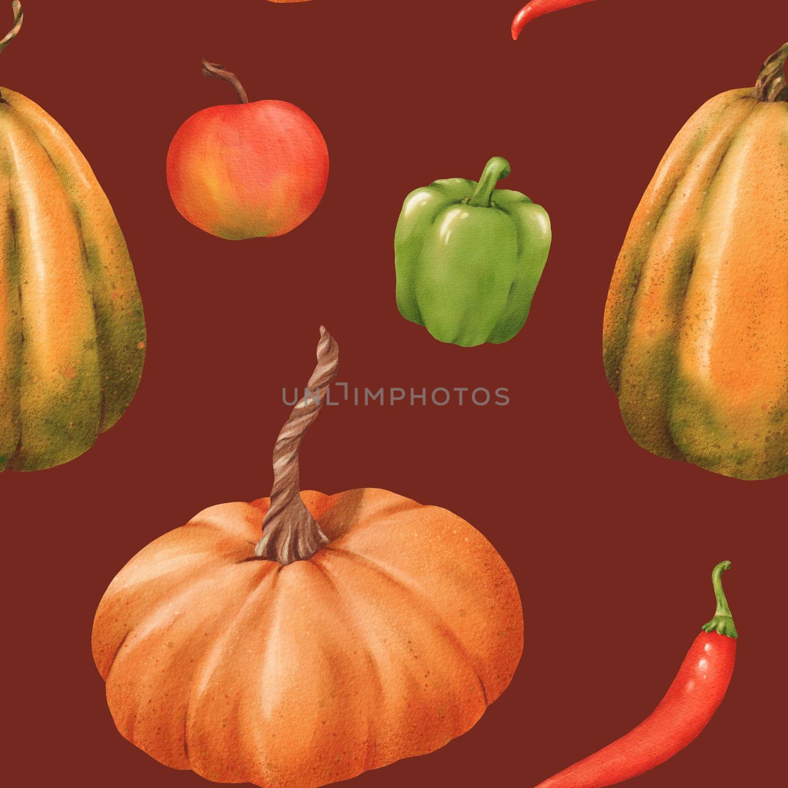 Seamless pattern of Pumpkins apples pepper paprika, chili. Watercolor illustration. Autumn harvest. Delicious ripe vegetable. Vegetarian raw food. For posters, websites, notebooks, textbooks.