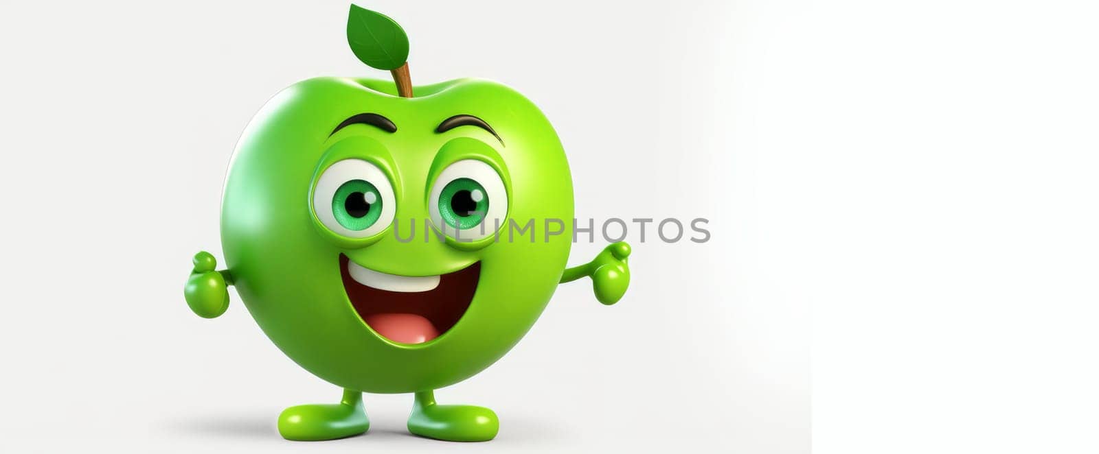 Green apple with a cheerful face 3D on a white background. Cartoon characters, three-dimensional character, healthy lifestyle, proper nutrition, diet, fresh vegetables and fruits, vegetarianism, veganism, food, breakfast, fun, laughter, banner