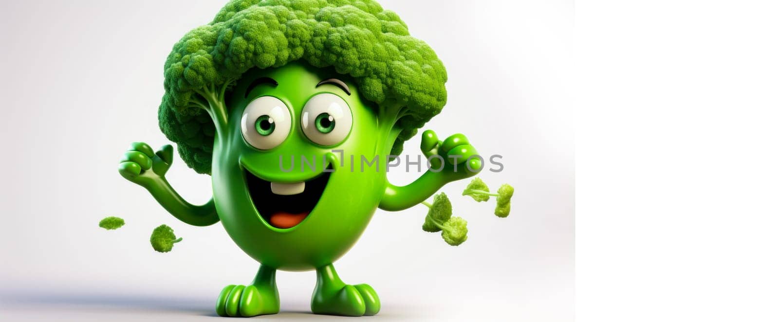 Green broccoli with a cheerful face 3D on a white background. Cartoon characters, three-dimensional character, healthy lifestyle, proper nutrition, diet, fresh vegetables and fruits, vegetarianism, veganism, food, breakfast, fun, laughter, banner