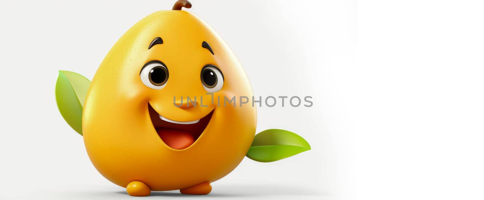 Orange mango with a cheerful face 3D on a white background. Cartoon characters, three-dimensional character, healthy lifestyle, proper nutrition, diet, fresh vegetables and fruits, vegetarianism, veganism, food, breakfast, fun, laughter, banner