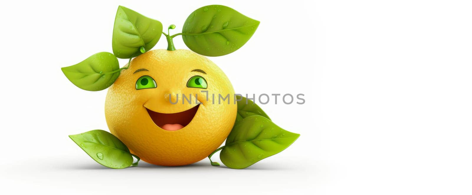 Bergamot with a cheerful face 3D on a white background. Cartoon characters, three-dimensional character, healthy lifestyle, proper nutrition, diet, fresh vegetables and fruits, vegetarianism, veganism, food, breakfast, fun, laughter, banner