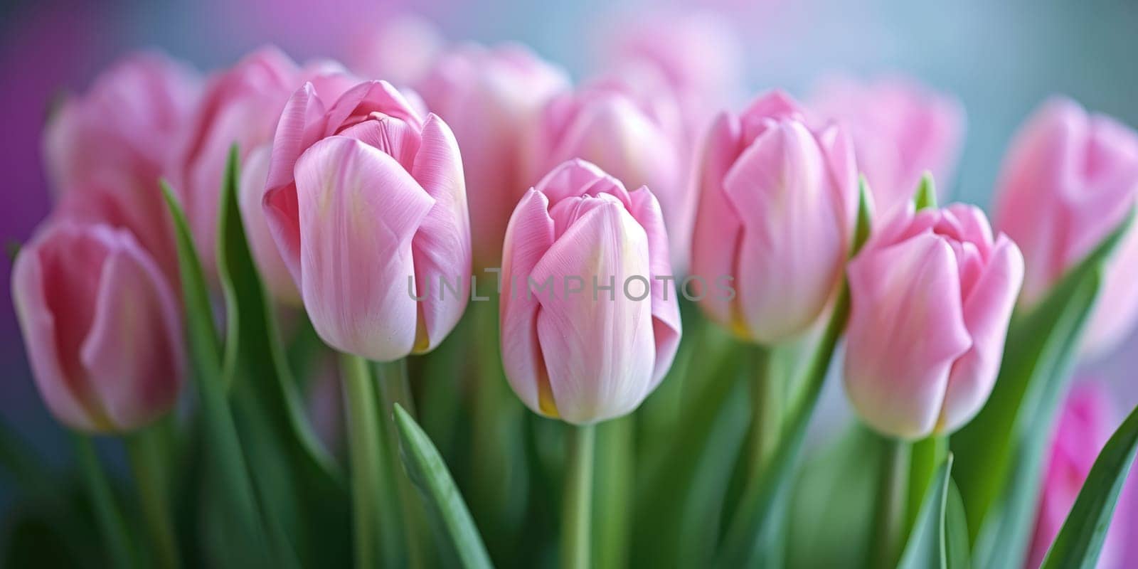 Beautiful bouquet of pink tulips on blurred background. Ai generation. by Lunnica