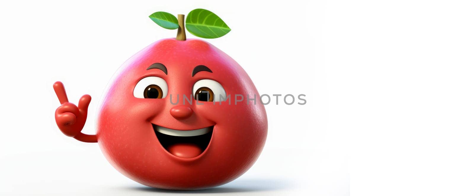 Guava with a cheerful face 3D on a white background. Cartoon characters, three-dimensional character, healthy lifestyle, proper nutrition, diet, fresh vegetables and fruits, vegetarianism, veganism, food, breakfast, fun, laughter, banner