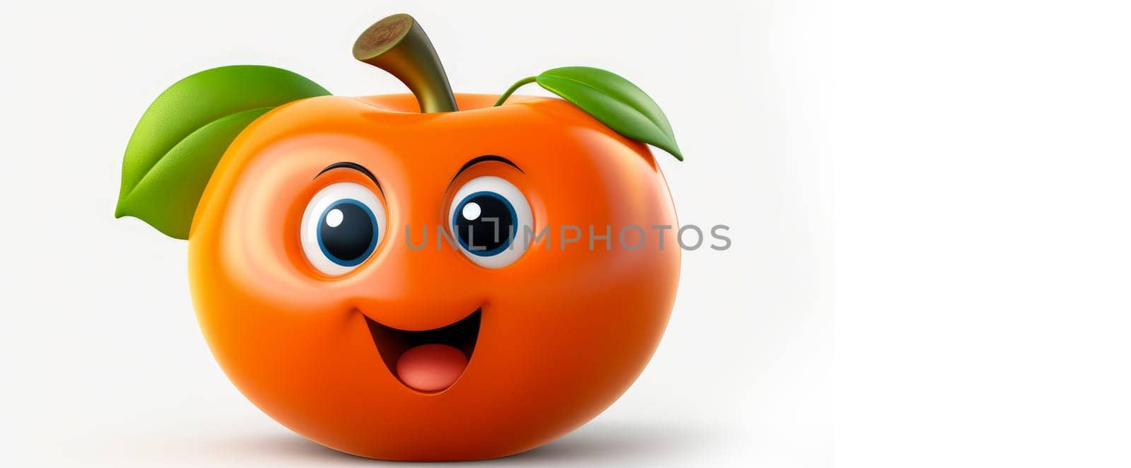 Persimmon with a cheerful face 3D on a white background. Cartoon characters, three-dimensional character, healthy lifestyle, proper nutrition, diet, fresh vegetables and fruits, vegetarianism, veganism, food, breakfast, fun, laughter, banner