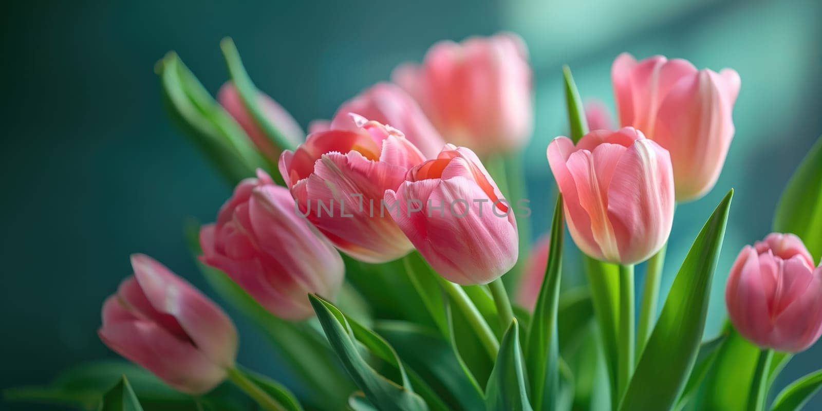 Beautiful bouquet of pink tulips on blurred background. Ai generation. High quality