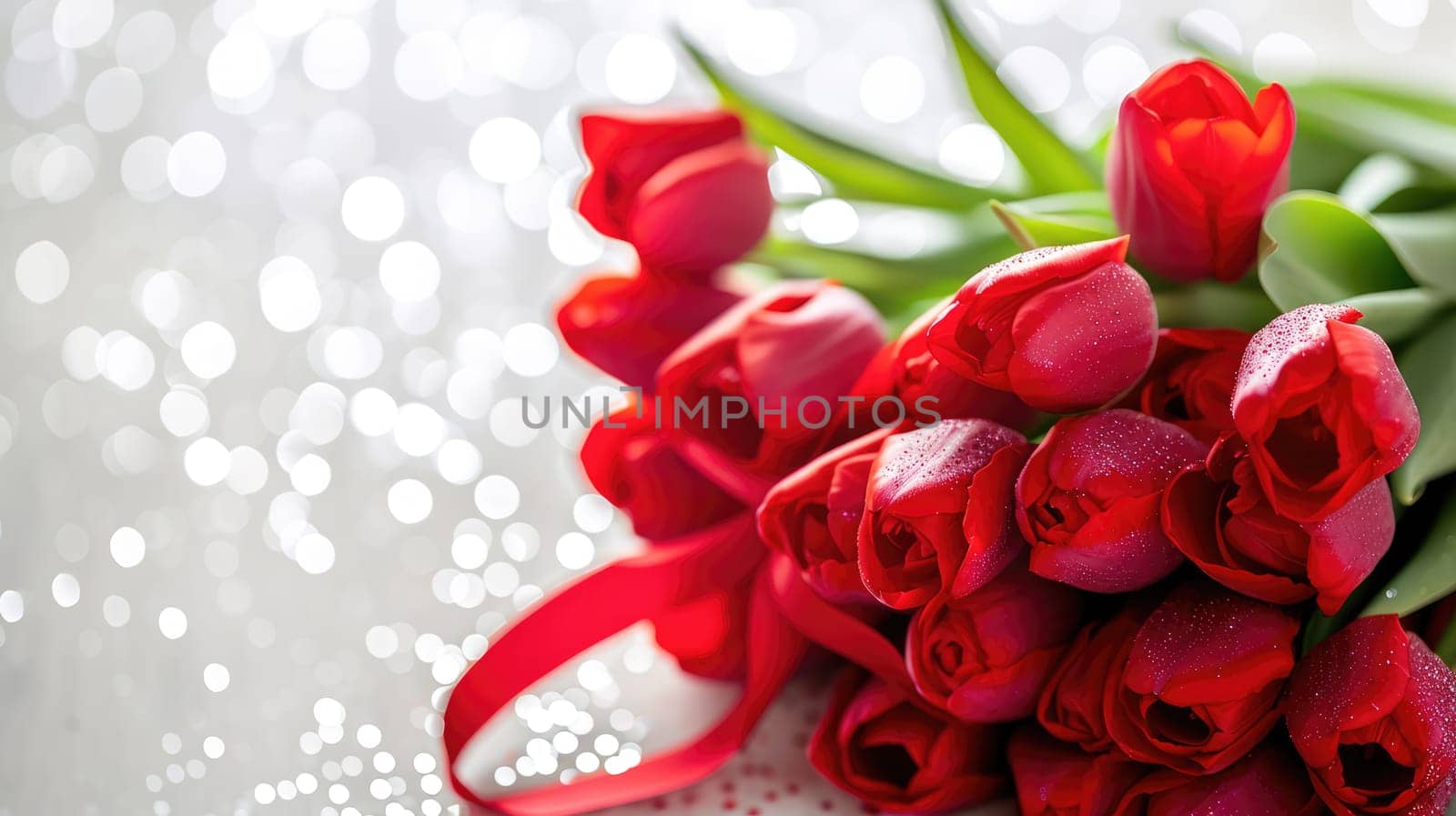 Beautiful bouquet of red tulips on bokeh background. Ai generation. by Lunnica