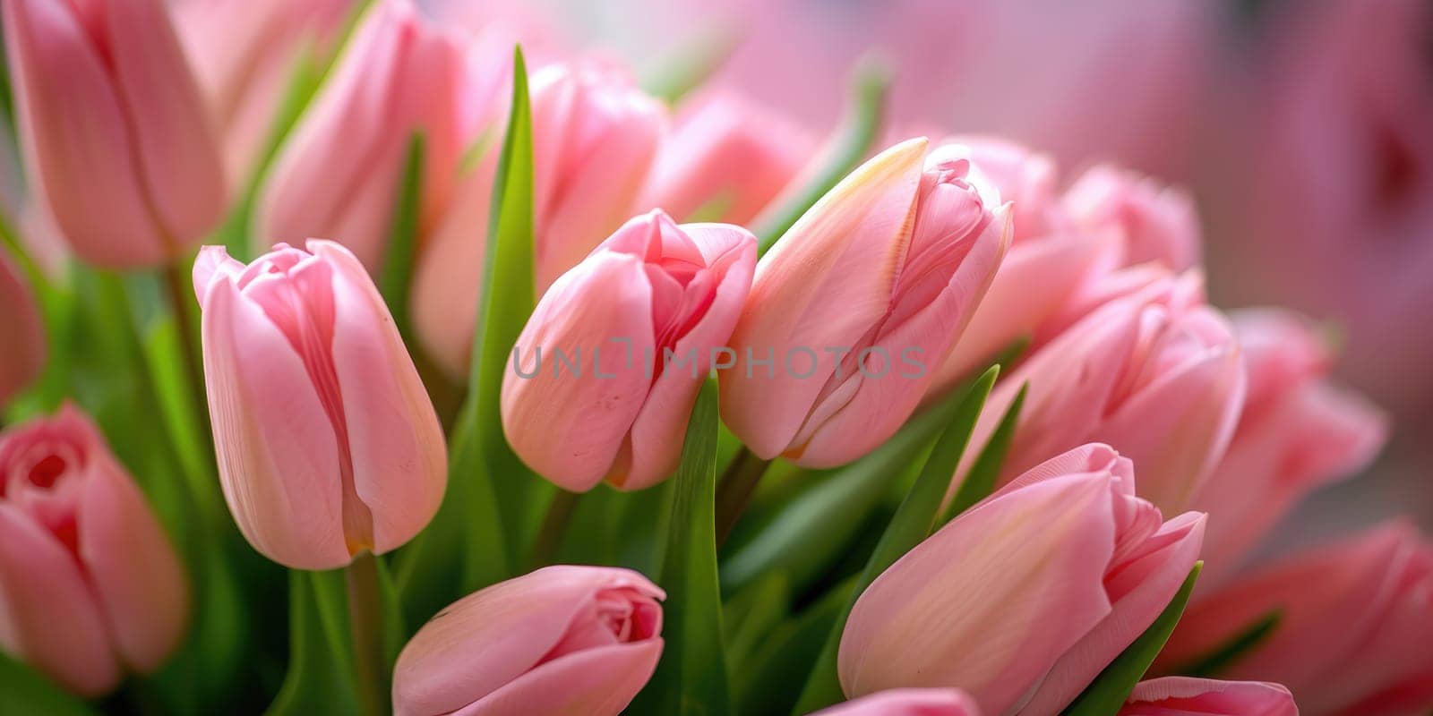 Beautiful bouquet of pink tulips on blurred background. Ai generation. by Lunnica