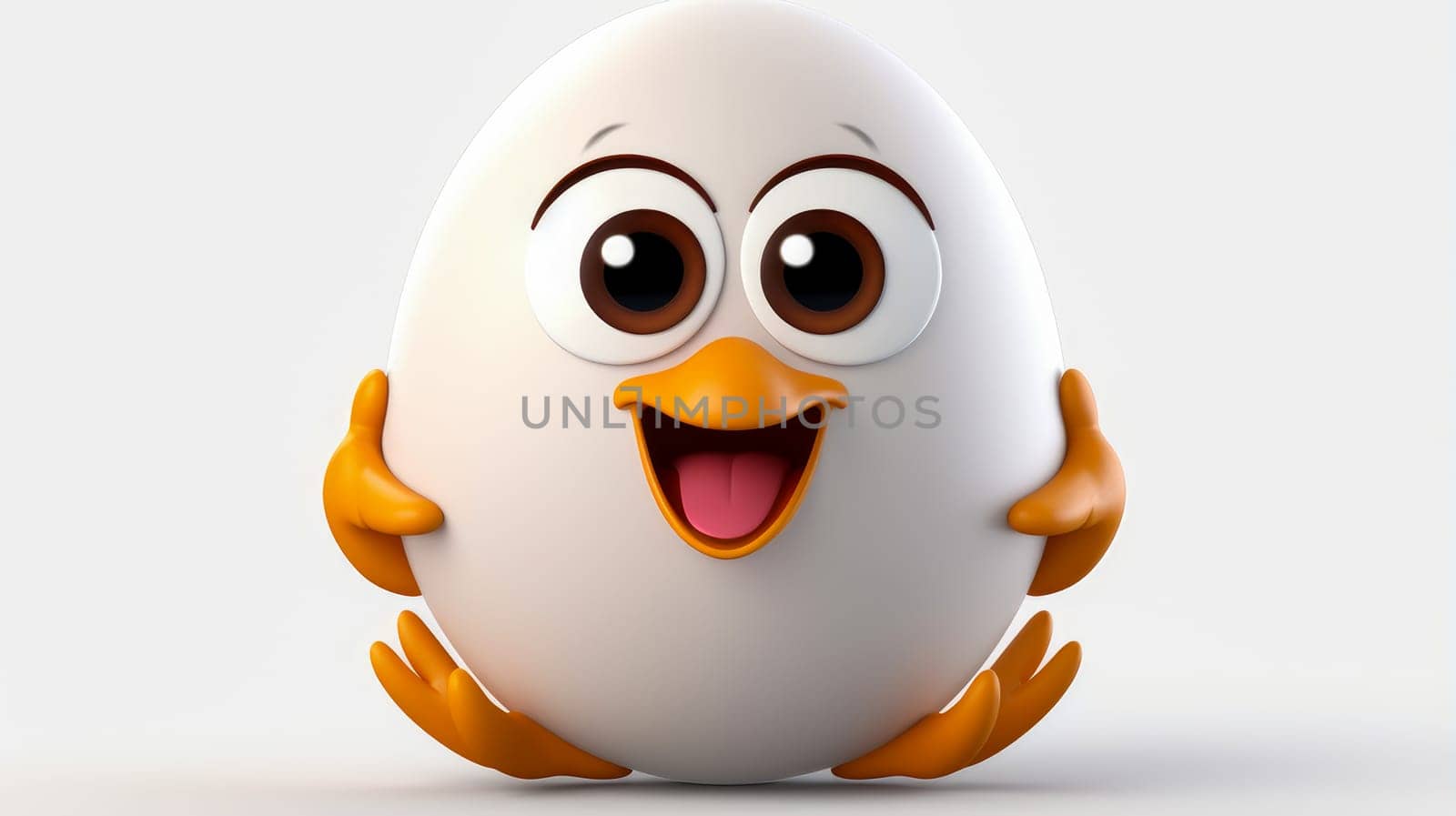 Chicken egg with a cheerful face 3D on a white background. Cartoon characters, three-dimensional character, healthy lifestyle, proper nutrition, diet, fresh vegetables and fruits, vegetarianism, veganism, food, breakfast, fun, laughter, banner