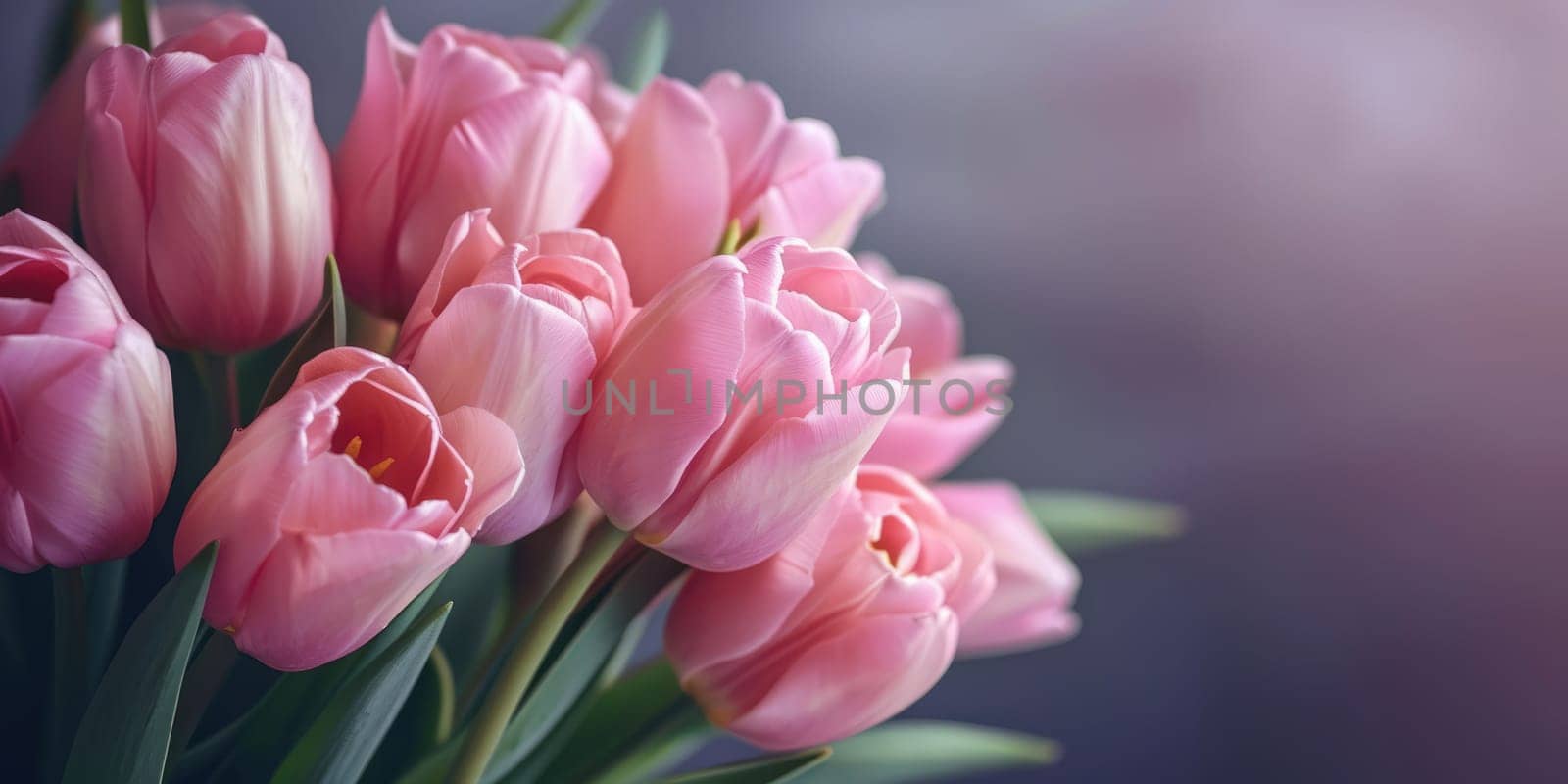 Beautiful bouquet of pink tulips on blurred background. Ai generation. High quality