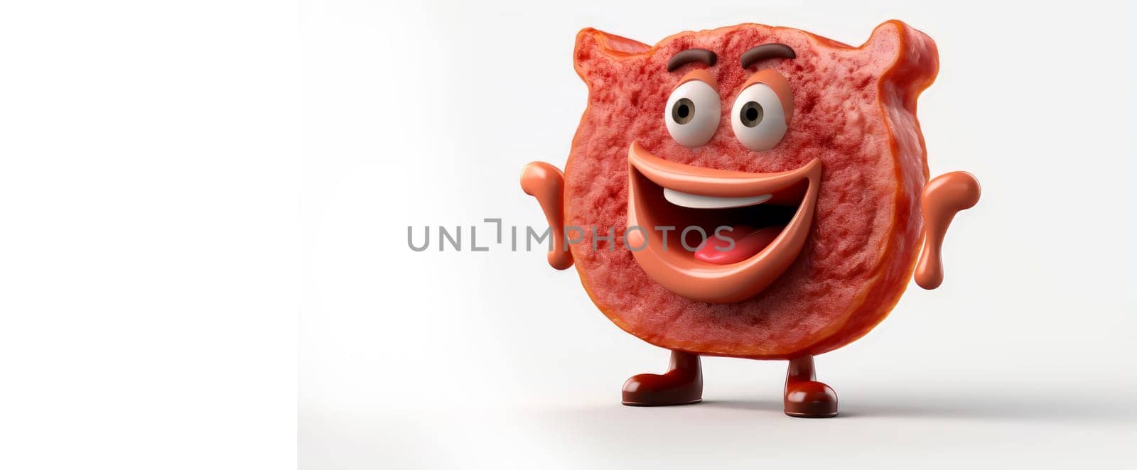 Meat steak with a cheerful face 3D on a white background. Cartoon characters, three-dimensional character, healthy lifestyle, proper nutrition, diet, fresh vegetables and fruits, vegetarianism, veganism, food, breakfast, fun, laughter, banner