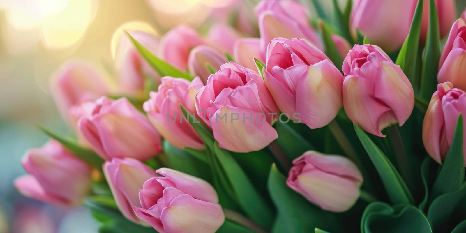 Beautiful bouquet of pink tulips on a blurred background. Ai generation. High quality