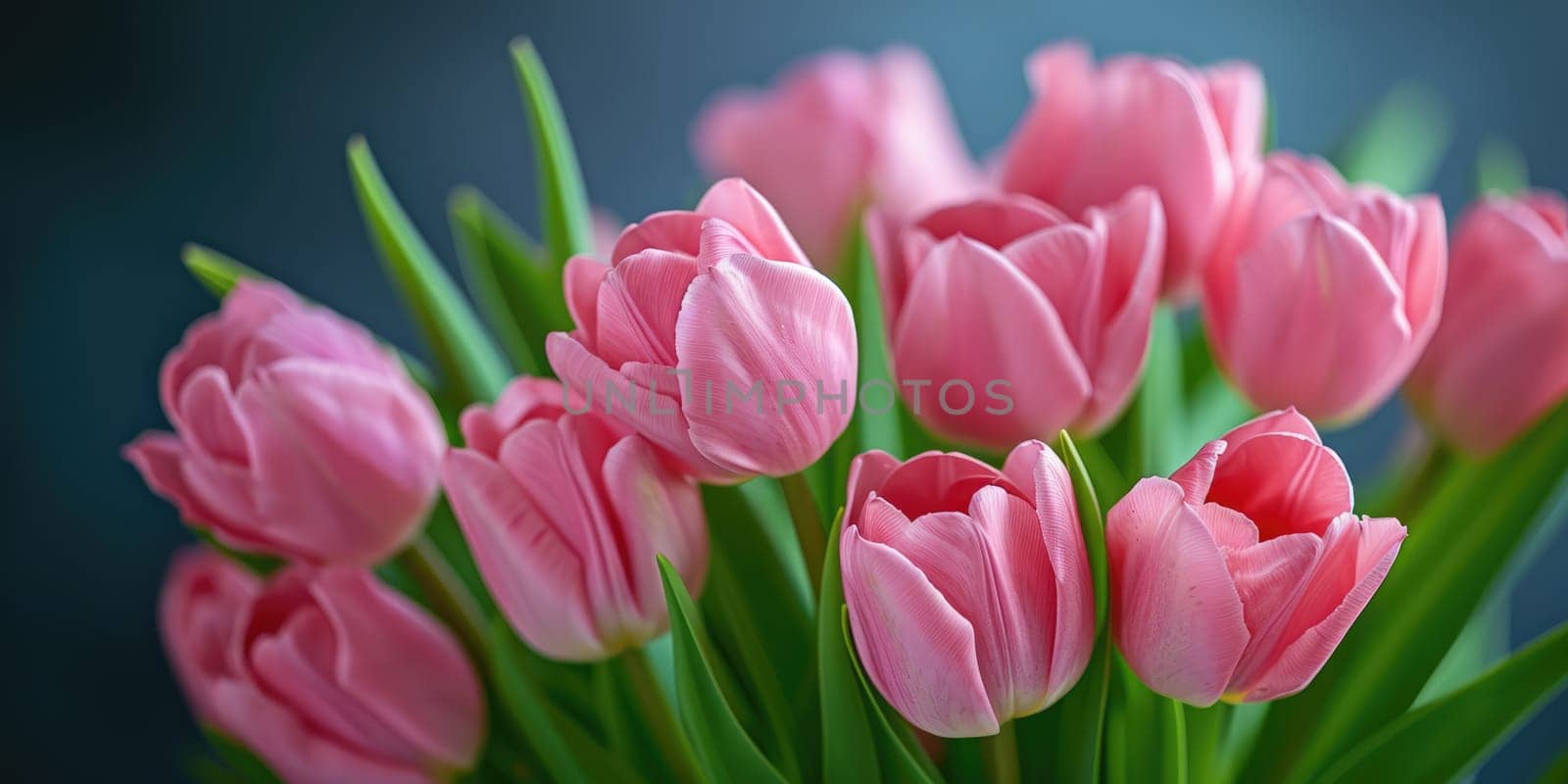 Beautiful bouquet of pink tulips on blurred background. Ai generation. by Lunnica