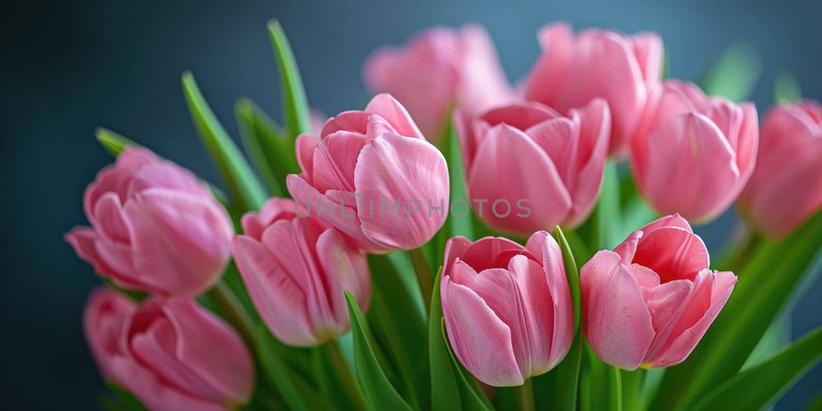 Beautiful bouquet of pink tulips on blurred background. Ai generation. High quality