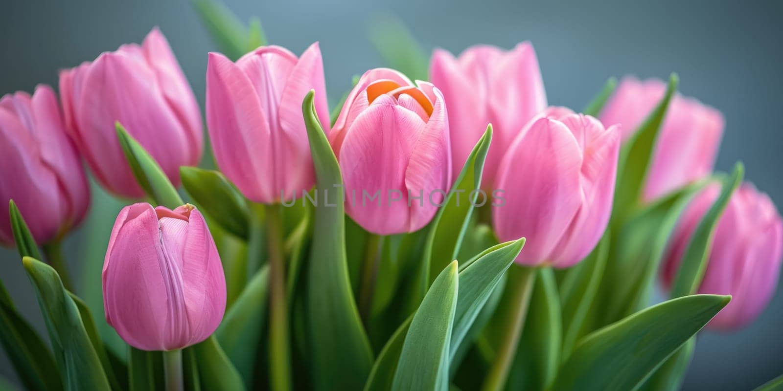 Beautiful bouquet of pink tulips on blurred background. Ai generation. by Lunnica