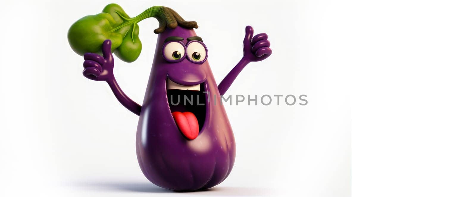 Eggplant with a cheerful face 3D on a white background. Cartoon characters, three-dimensional character, healthy lifestyle, proper nutrition, diet, fresh vegetables and fruits, vegetarianism, veganism, food, breakfast, fun, laughter, banner