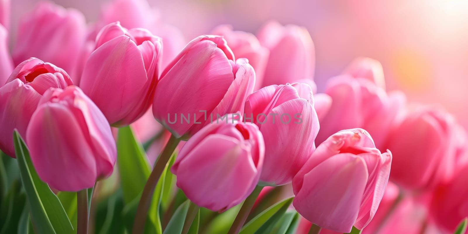 Beautiful bouquet of pink tulips on blurred background. Ai generation. by Lunnica