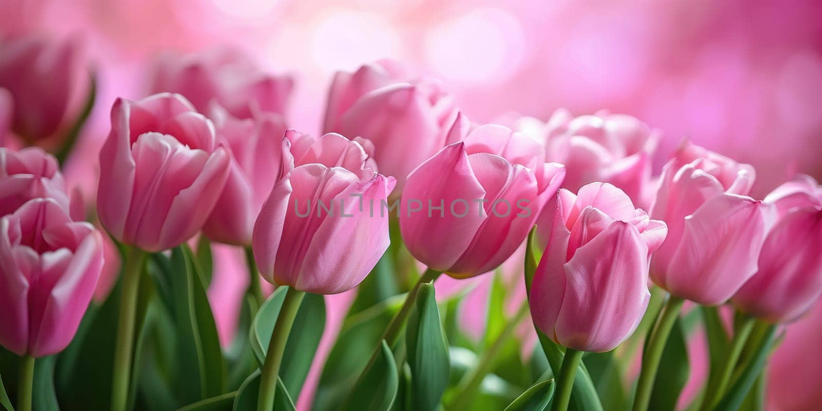 Beautiful bouquet of pink tulips on a blurred background. Ai generation. by Lunnica