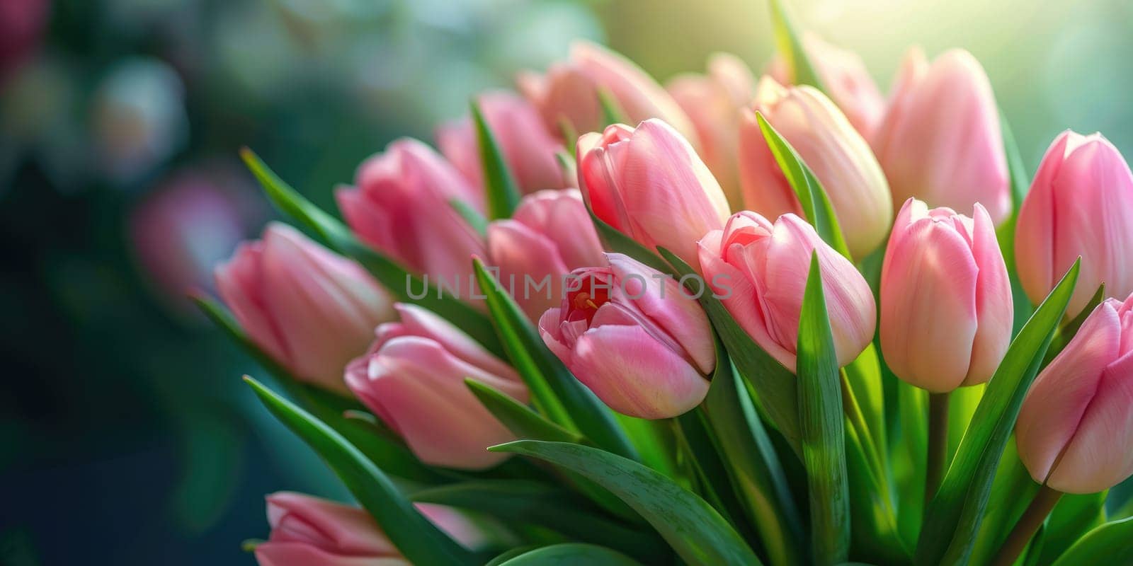 Beautiful bouquet of pink tulips on blurred background. Ai generation. High quality