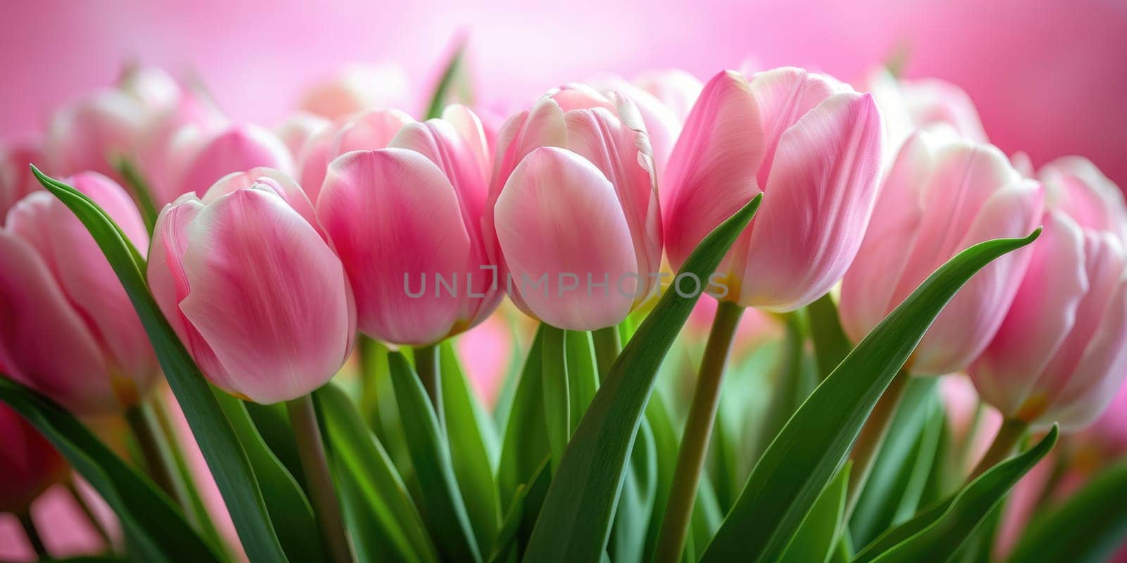 Beautiful bouquet of pink tulips on a blurred background. Ai generation. by Lunnica