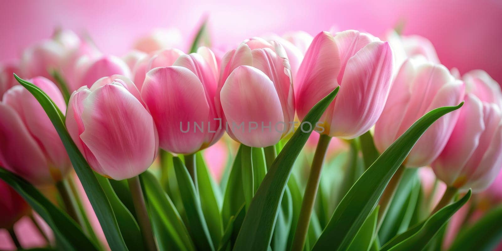 Beautiful bouquet of pink tulips on a blurred background. Ai generation. High quality