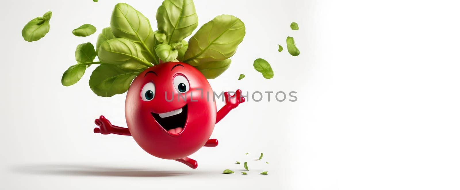 Radish with a cheerful face 3D on a white background. Cartoon characters, three-dimensional character, healthy lifestyle, proper nutrition, diet, fresh vegetables and fruits, vegetarianism, veganism, food, breakfast, fun, laughter, banner