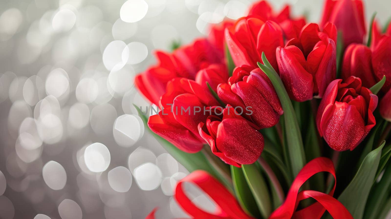 Beautiful bouquet of red tulips on bokeh background. Ai generation. High quality