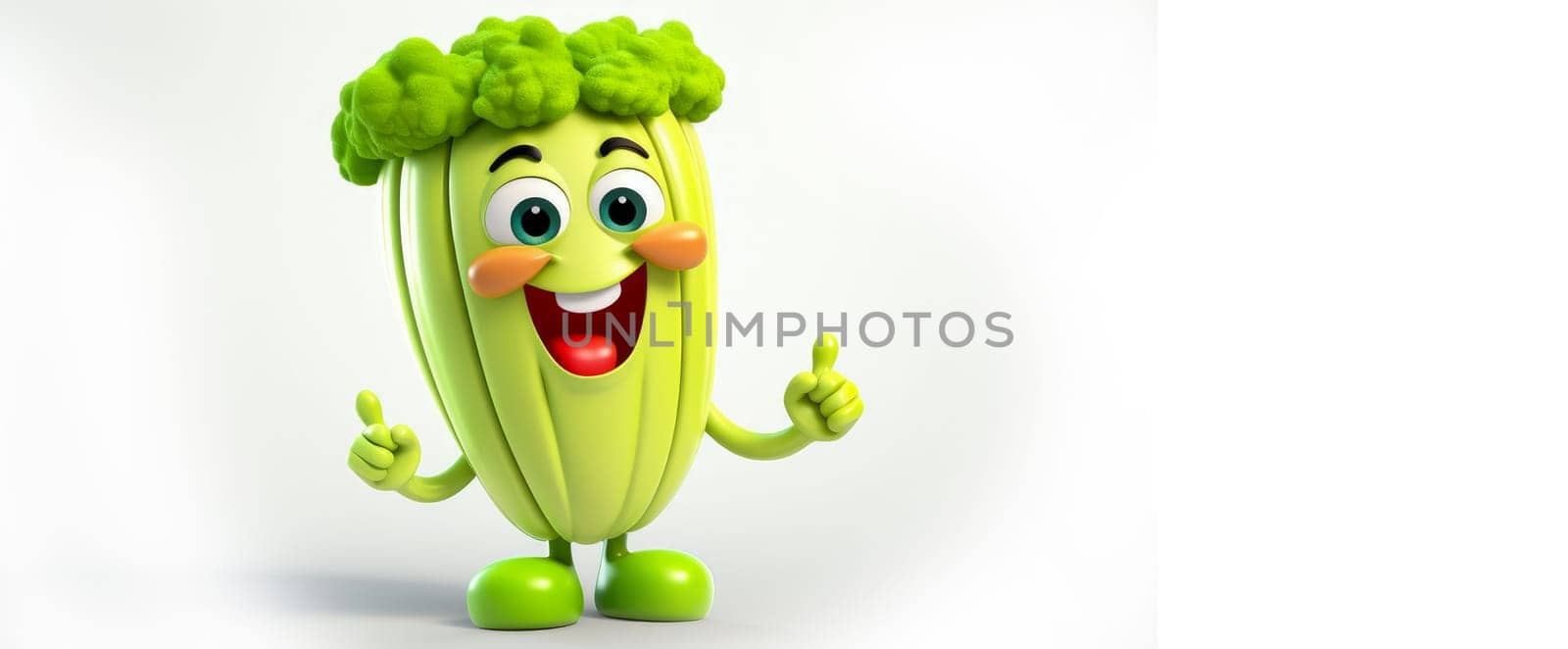 Celery with a cheerful face 3D on a white background. Cartoon characters, three-dimensional character, healthy lifestyle, proper nutrition, diet, fresh vegetables and fruits, vegetarianism, veganism, food, breakfast, fun, laughter, banner