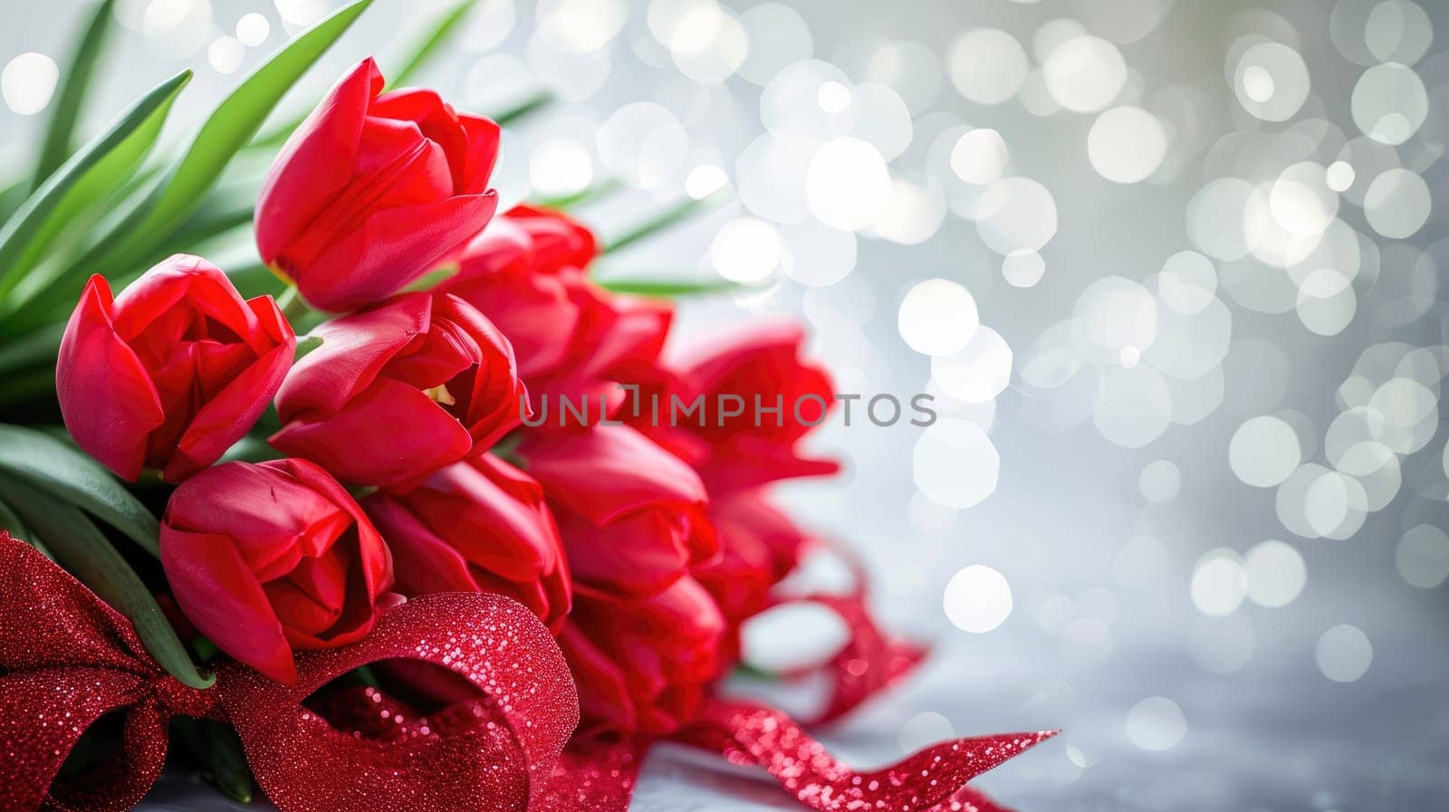 Beautiful bouquet of red tulips on bokeh background. Ai generation. High quality