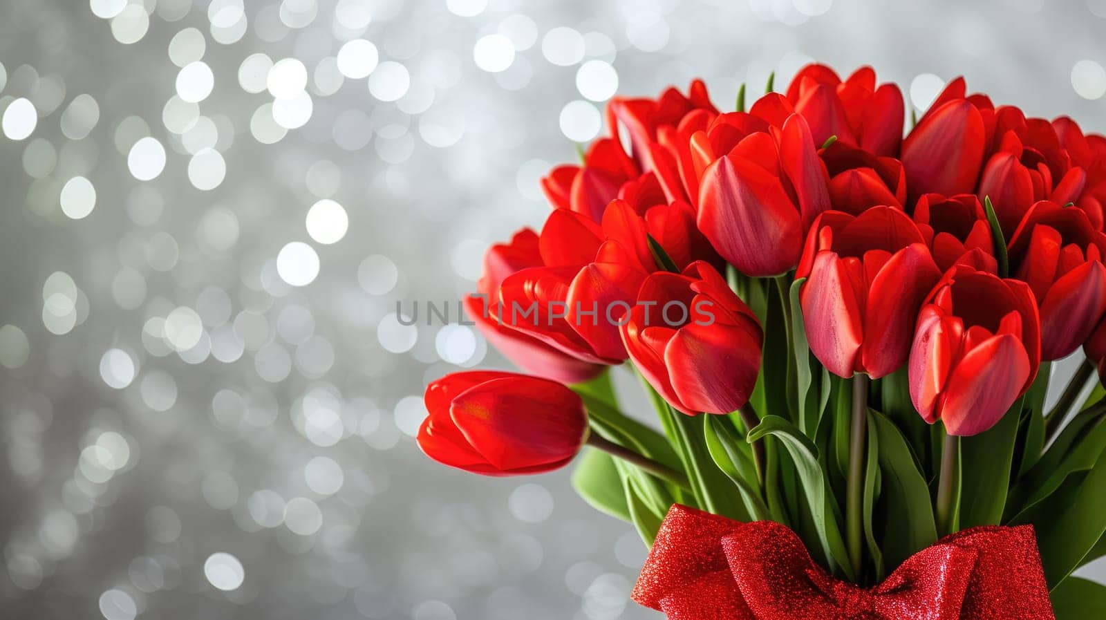 Beautiful bouquet of red tulips on bokeh background. Ai generation. by Lunnica