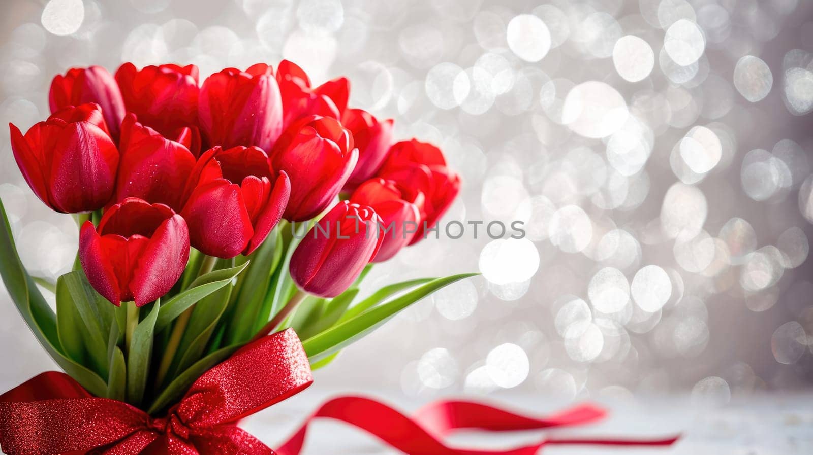 Beautiful bouquet of red tulips on bokeh background. Ai generation. High quality