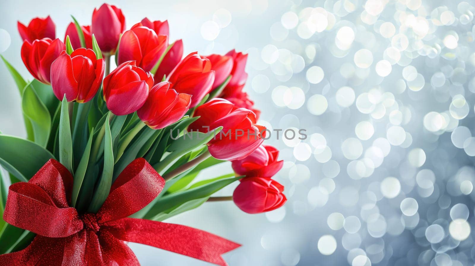 Beautiful bouquet of red tulips on bokeh background. Ai generation. by Lunnica