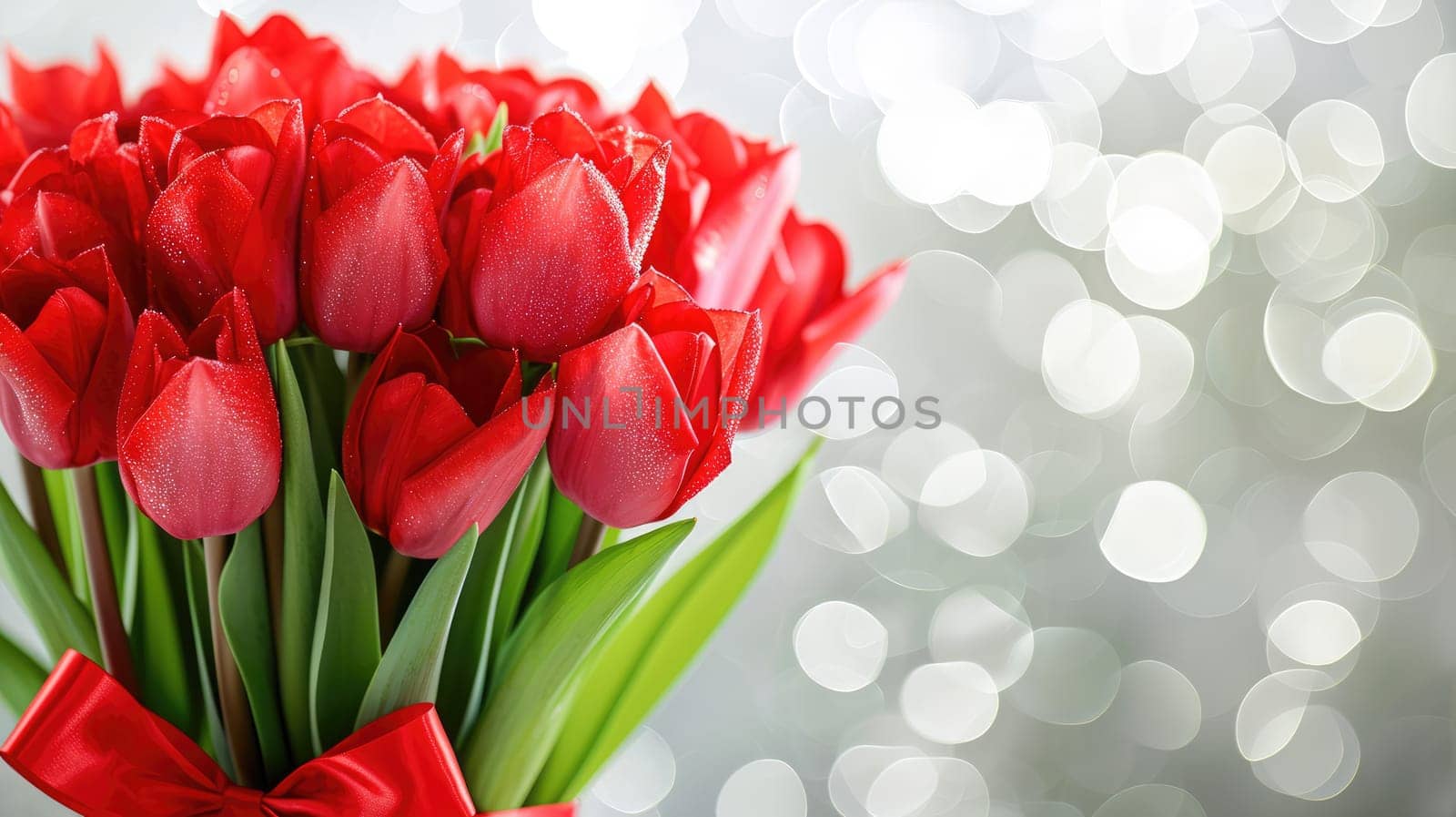 Beautiful bouquet of red tulips on bokeh background. Ai generation. by Lunnica