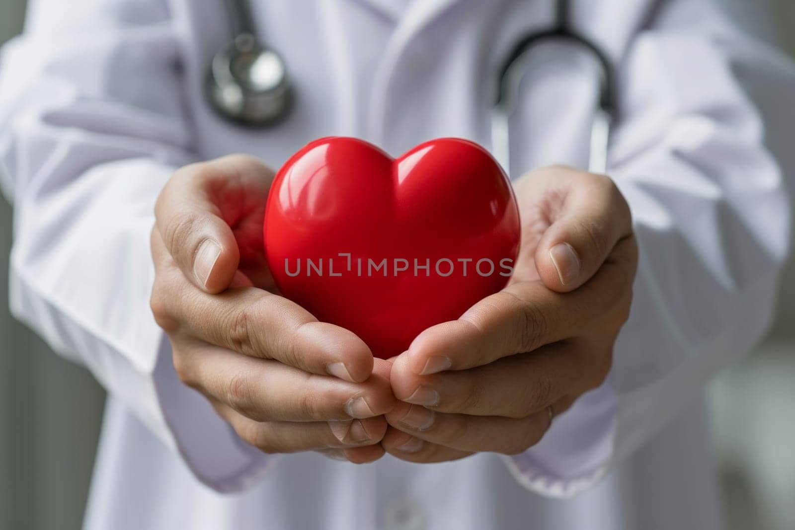 Cardiologist doctor holding a red heart in his hands , cardiac disease or heart failure concept.