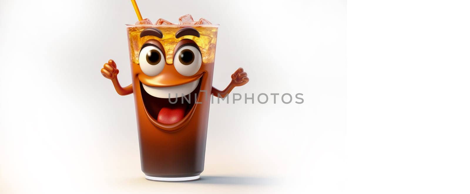 Glass of cola with a cheerful face 3D on a white background. Cartoon characters, three-dimensional character, healthy lifestyle, proper nutrition, diet, fresh vegetables and fruits, vegetarianism, veganism, food, breakfast, fun, laughter, banner