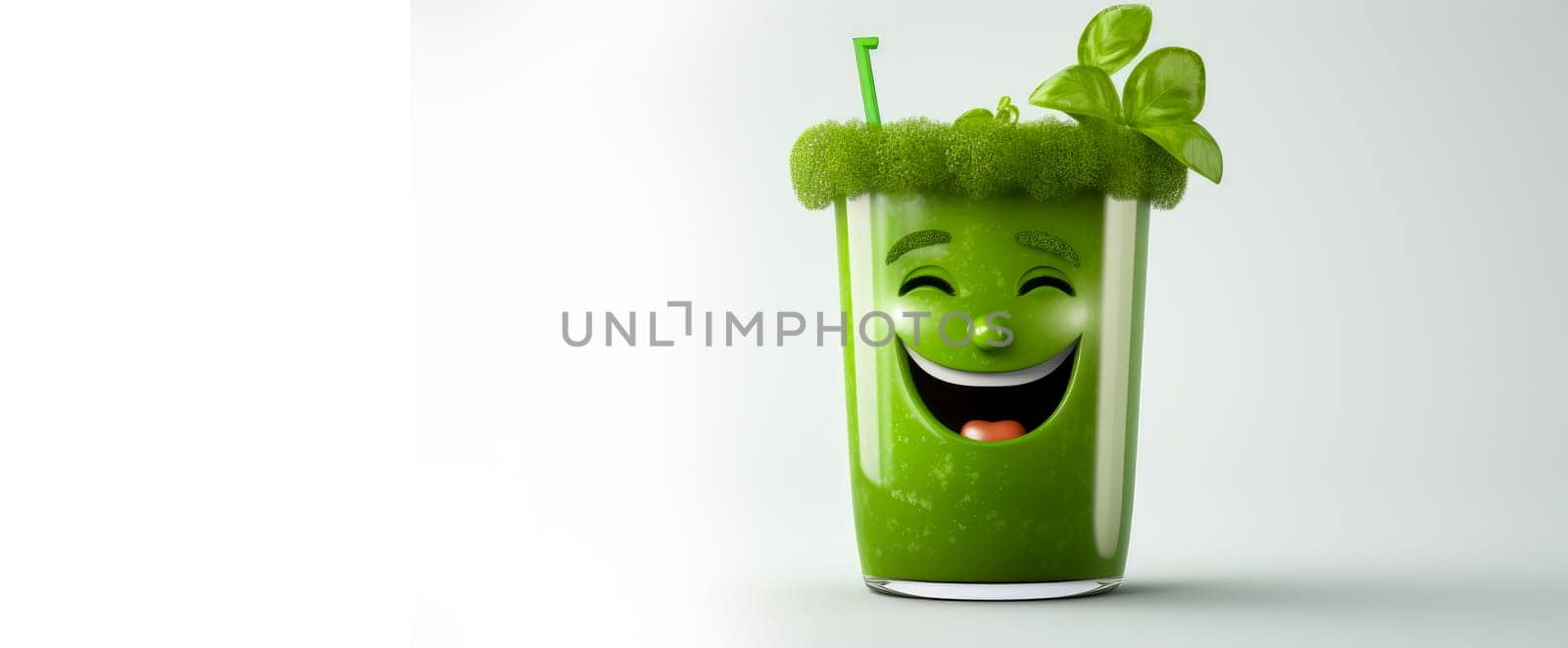 glass of green juice with a cheerful face 3D on white background. Cartoon characters, three-dimensional character, healthy lifestyle, proper nutrition, diet, fresh vegetables and fruits, vegetarianism, veganism, food, breakfast, fun, laughter, banner