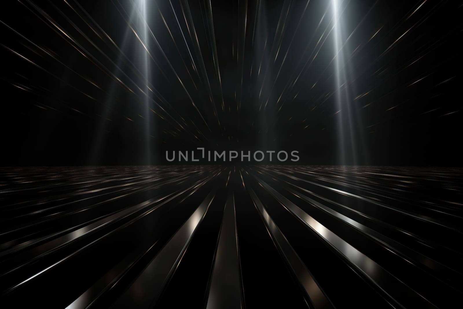 A dark tunnel with columns, illuminated by white neon rays. Abstract background.
