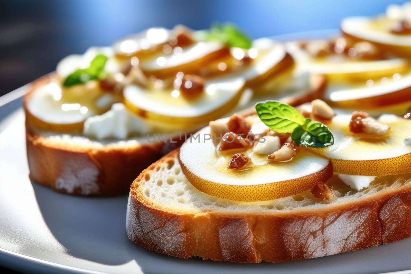Bruschetta with caramelized pears and cheese, delicious crostini for gourmet breakfast, brunch or lunch, close up